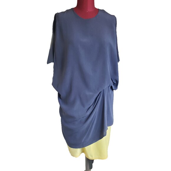 Acne Studios Mallory Dress Blue Yellow Silk Drape Front Keyhole Back 38 US 6 - Picture 2 of 10